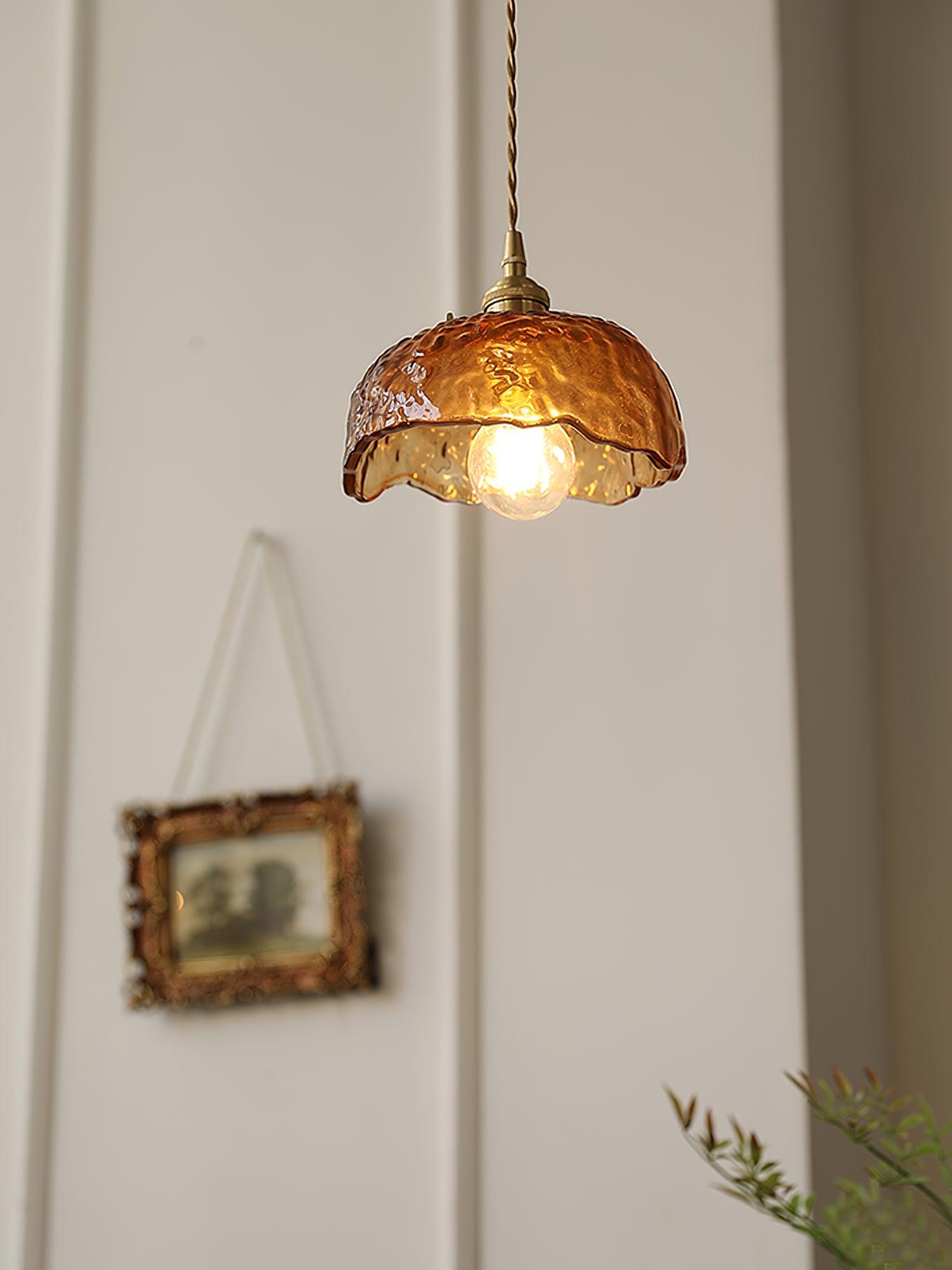 Antique Brass and Brown Glass Pendant Light Retro Amber Glass Shade Ceiling Hanging Lamp