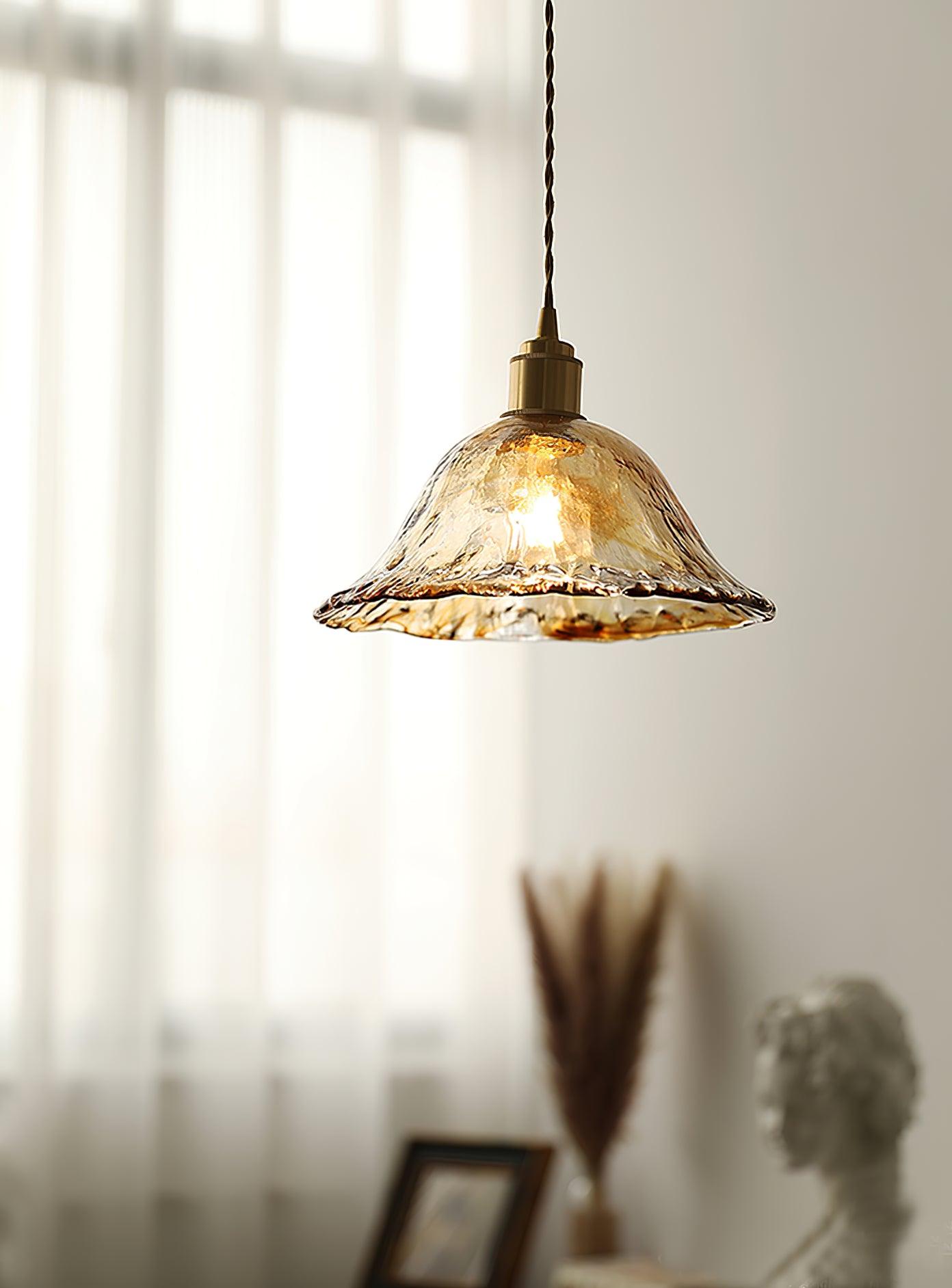 Antique Brass and Brown Glass Pendant Light Retro Amber Glass Shade Ceiling Hanging Lamp