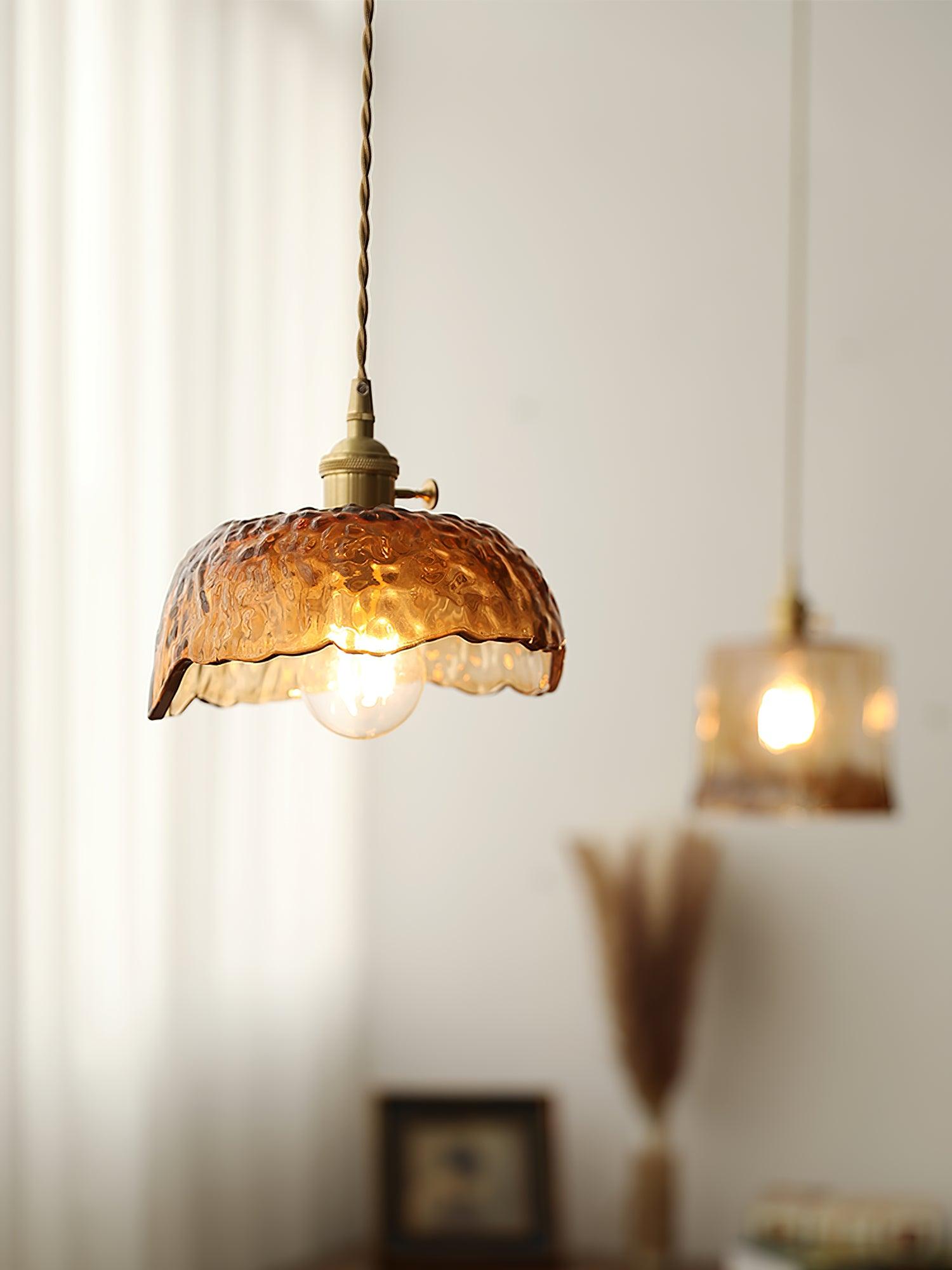 Antique Brass and Brown Glass Pendant Light Retro Amber Glass Shade Ceiling Hanging Lamp