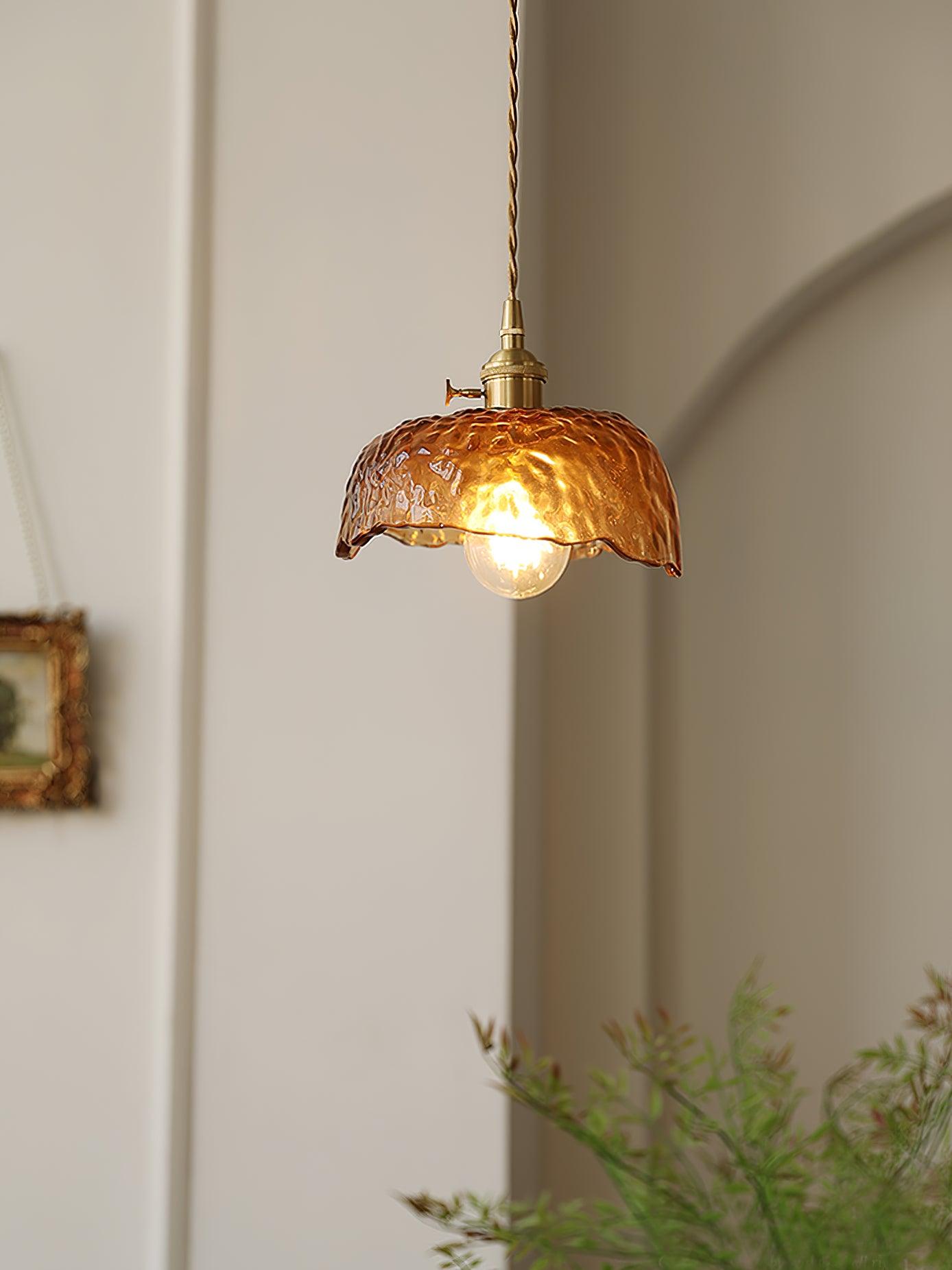 Antique Brass and Brown Glass Pendant Light Retro Amber Glass Shade Ceiling Hanging Lamp