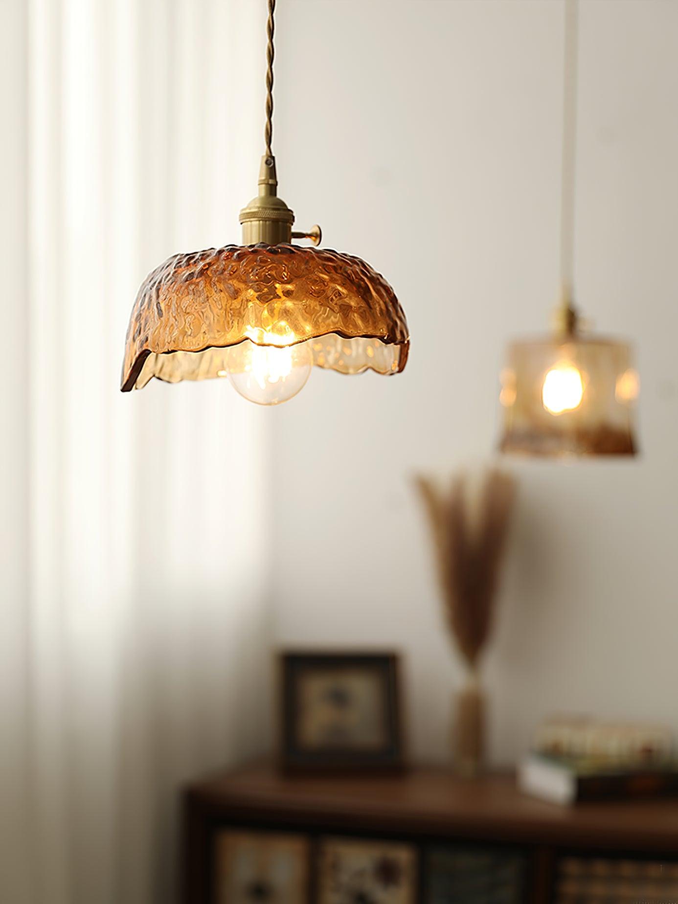 Antique Brass and Brown Glass Pendant Light Retro Amber Glass Shade Ceiling Hanging Lamp