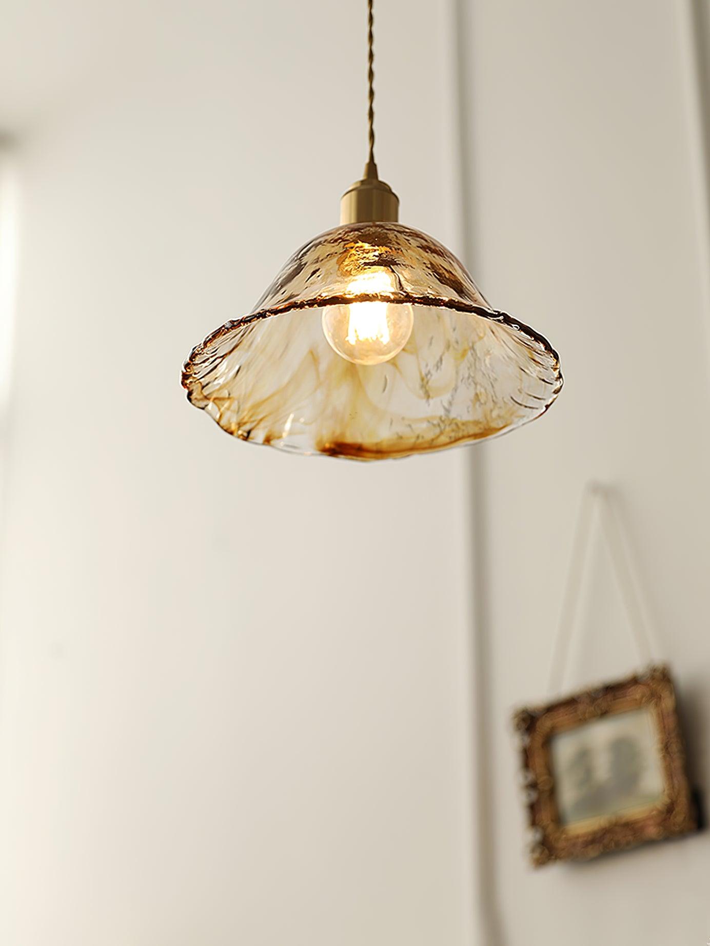 Antique Brass and Brown Glass Pendant Light Retro Amber Glass Shade Ceiling Hanging Lamp
