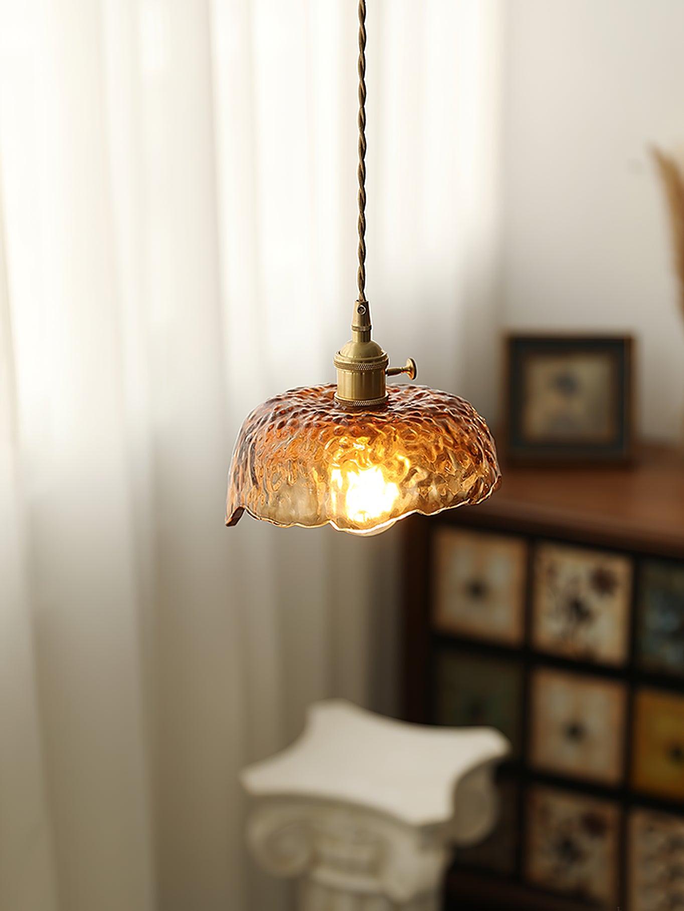Antique Brass and Brown Glass Pendant Light Retro Amber Glass Shade Ceiling Hanging Lamp