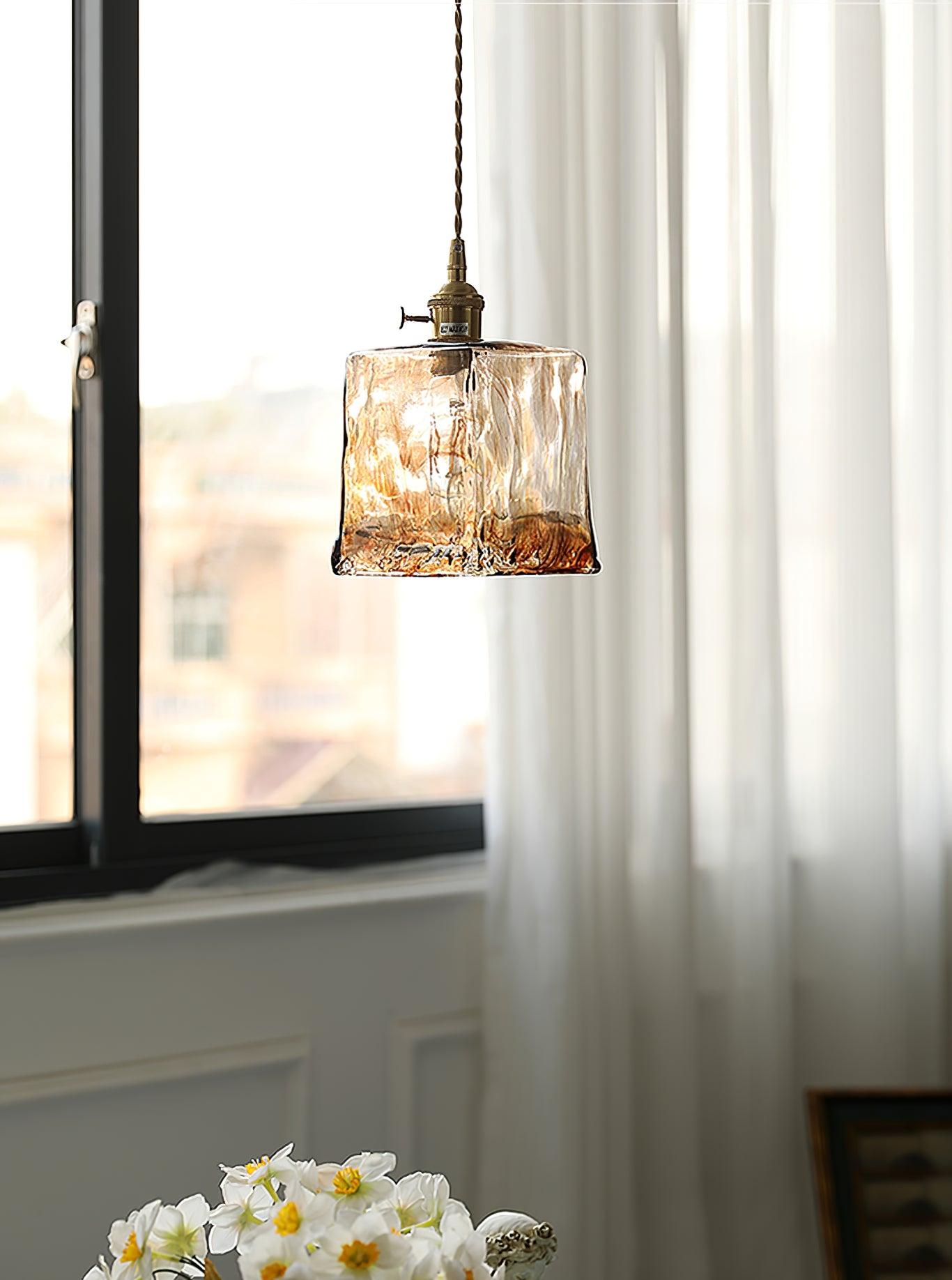 Antique Brass and Brown Glass Pendant Light Retro Amber Glass Shade Ceiling Hanging Lamp