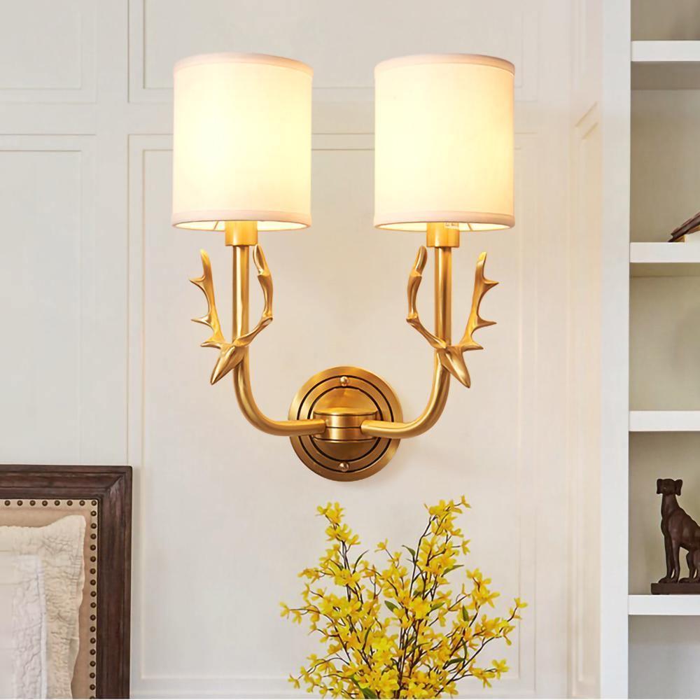 Antique Brass Deer Head Wall Sconce with Linen Shade Elegant Indoor Animal Wall Lighting
