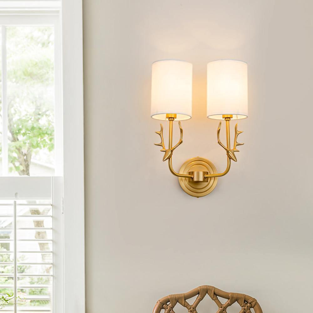 Antique Brass Deer Head Wall Sconce with Linen Shade Elegant Indoor Animal Wall Lighting