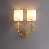 Antique Brass Deer Head Wall Sconce with Linen Shade Elegant Indoor Animal Wall Lighting
