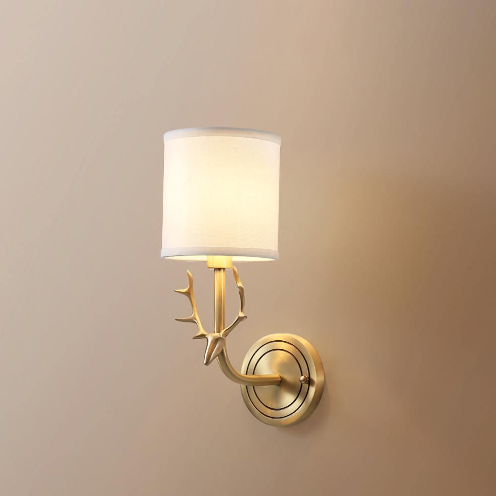 Antique Brass Deer Head Wall Sconce with Linen Shade Elegant Indoor Animal Wall Lighting