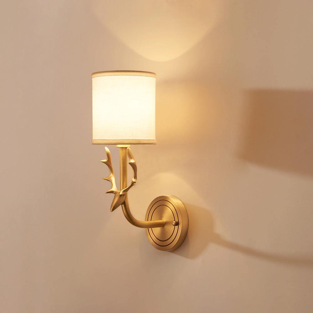 Antique Brass Deer Head Wall Sconce with Linen Shade Elegant Indoor Animal Wall Lighting