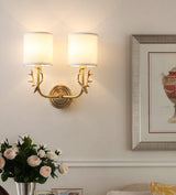 Antique Brass Deer Head Wall Sconce with Linen Shade Elegant Indoor Animal Wall Lighting