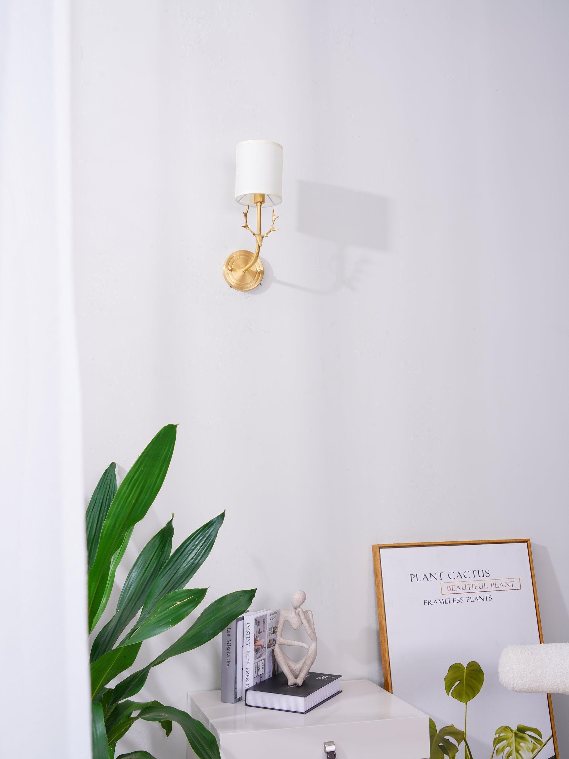 Antique Brass Deer Head Wall Sconce with Linen Shade Elegant Indoor Animal Wall Lighting