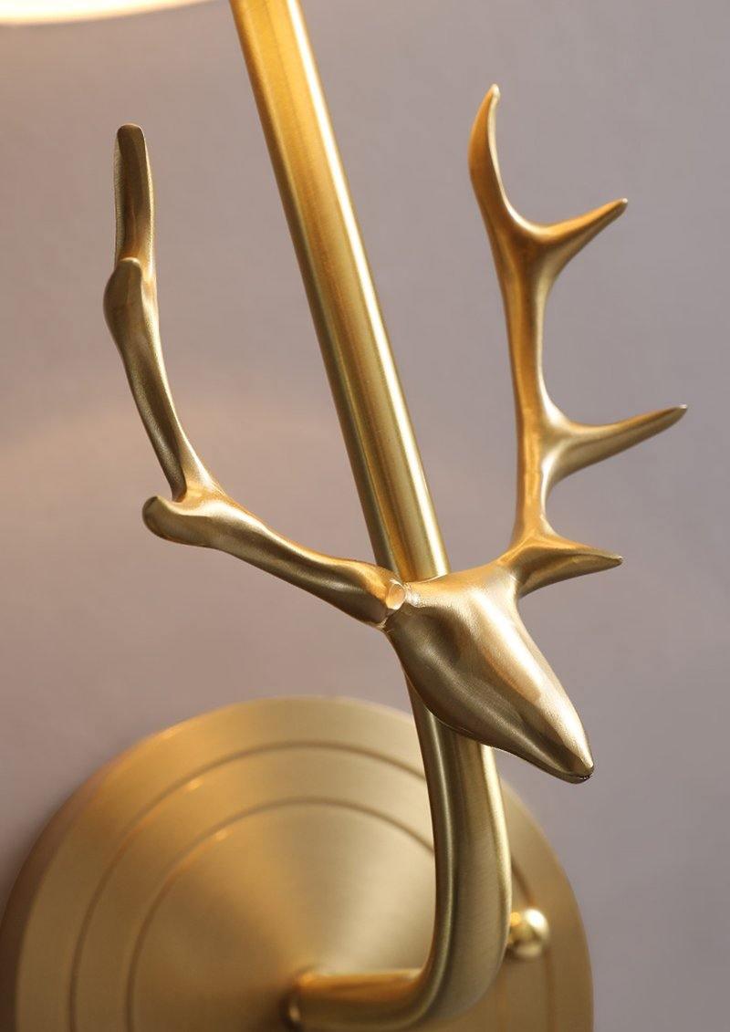 Antique Brass Deer Head Wall Sconce with Linen Shade Elegant Indoor Animal Wall Lighting
