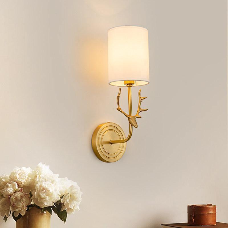 Antique Brass Deer Head Wall Sconce with Linen Shade Elegant Indoor Animal Wall Lighting