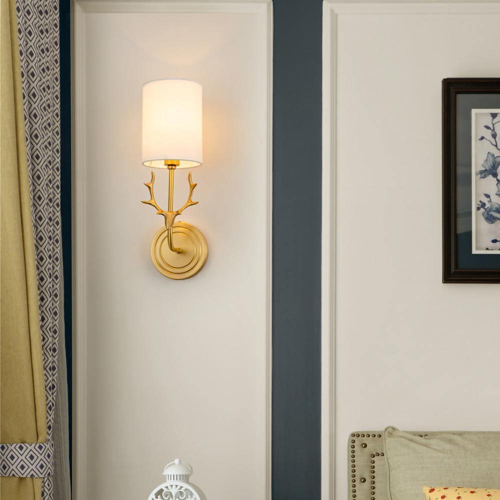 Antique Brass Deer Head Wall Sconce with Linen Shade Elegant Indoor Animal Wall Lighting