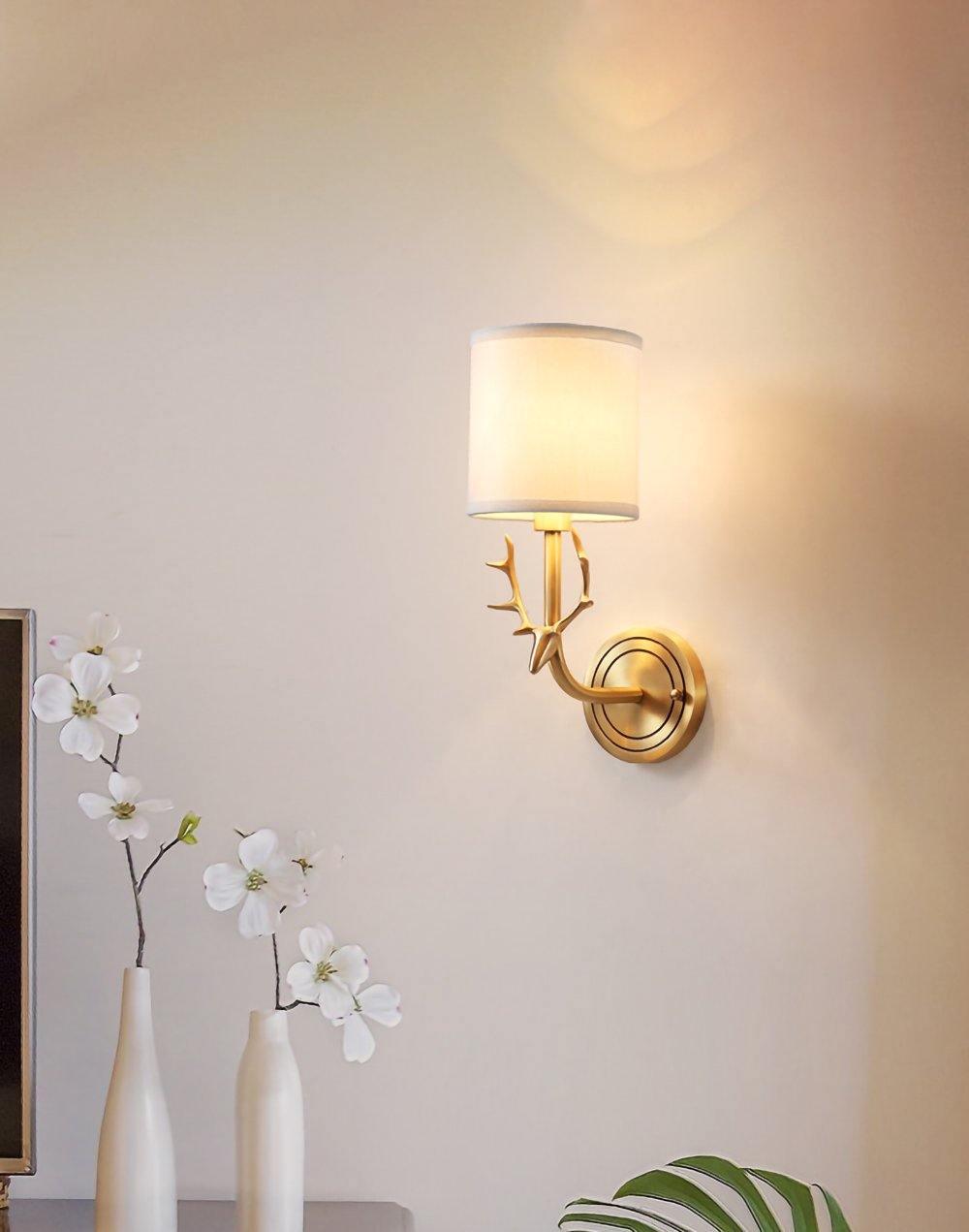 Antique Brass Deer Head Wall Sconce with Linen Shade Elegant Indoor Animal Wall Lighting