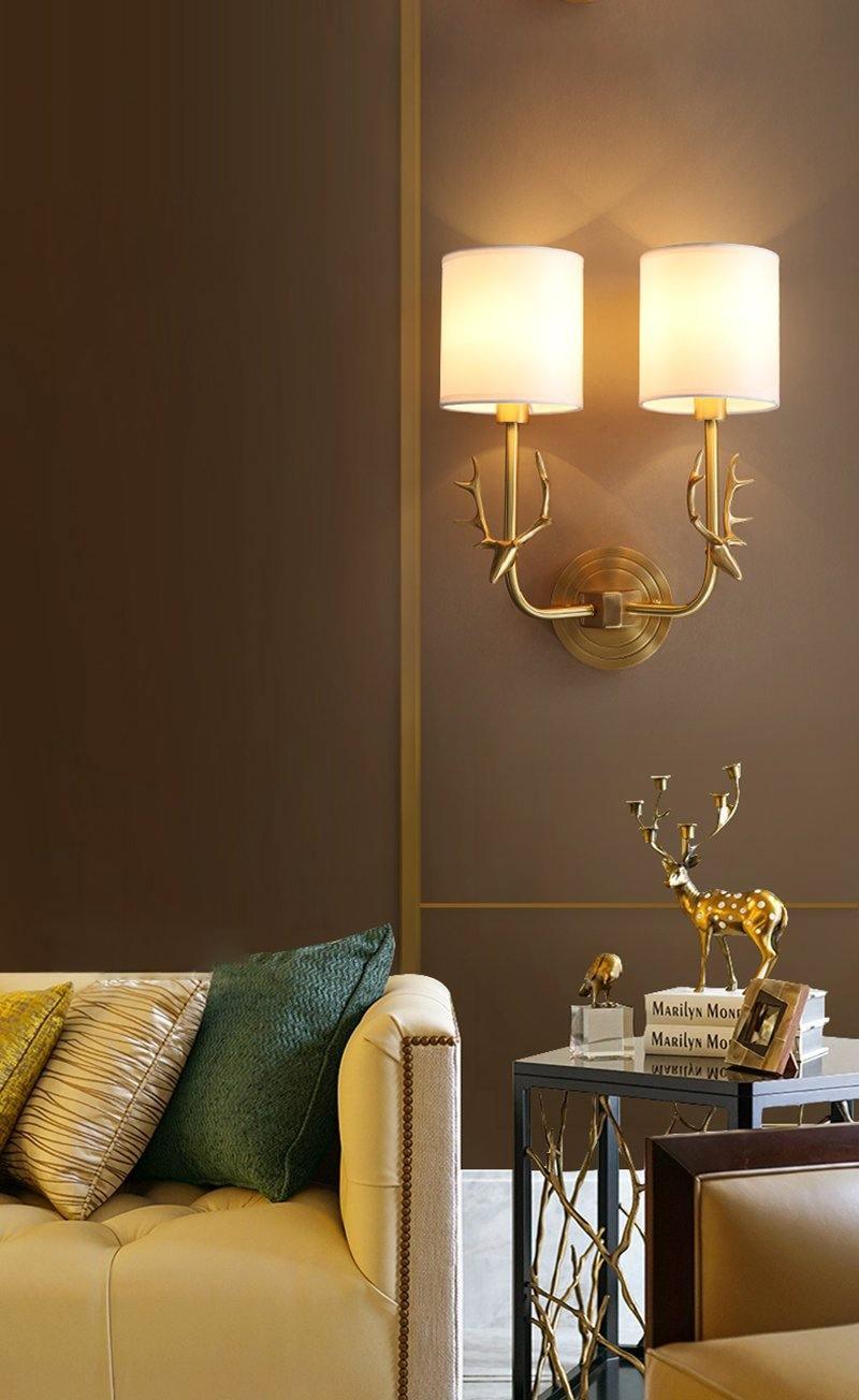 Antique Brass Deer Head Wall Sconce with Linen Shade Elegant Indoor Animal Wall Lighting