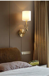 Antique Brass Deer Head Wall Sconce with Linen Shade Elegant Indoor Animal Wall Lighting
