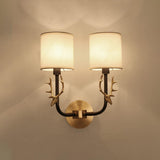 Antique Brass Deer Head Wall Sconce with Linen Shade Elegant Indoor Animal Wall Lighting