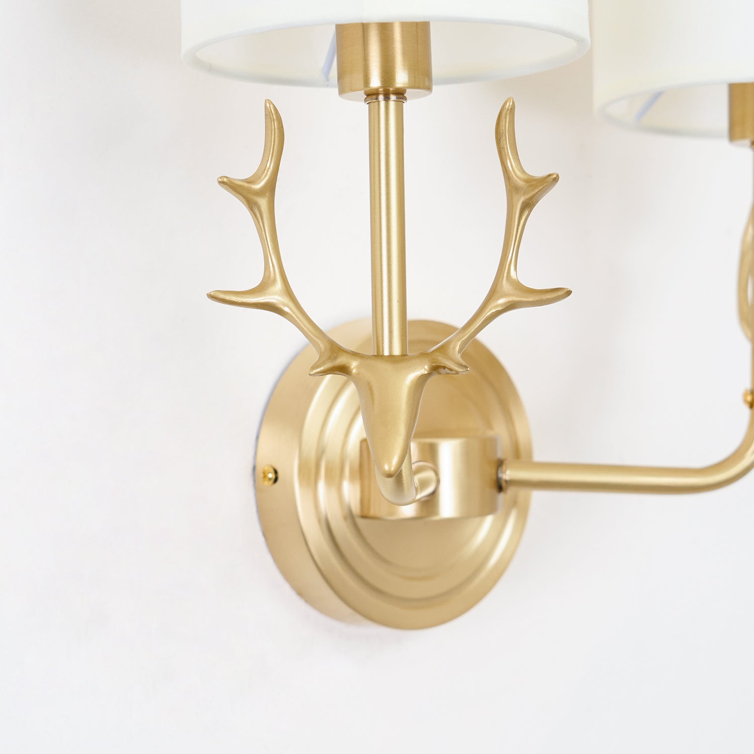 Antique Brass Deer Head Wall Sconce with Linen Shade Elegant Indoor Animal Wall Lighting