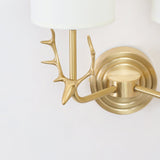 Antique Brass Deer Head Wall Sconce with Linen Shade Elegant Indoor Animal Wall Lighting