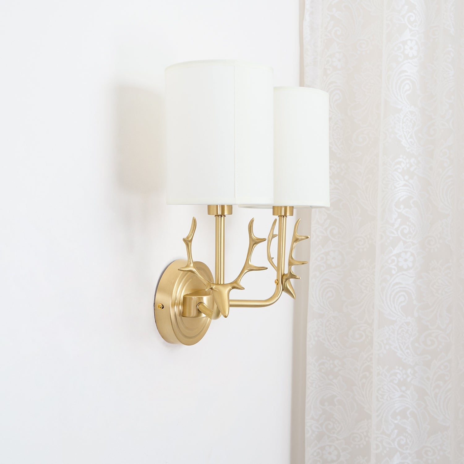 Antique Brass Deer Head Wall Sconce with Linen Shade Elegant Indoor Animal Wall Lighting