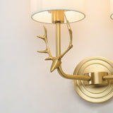Antique Brass Deer Head Wall Sconce with Linen Shade Elegant Indoor Animal Wall Lighting