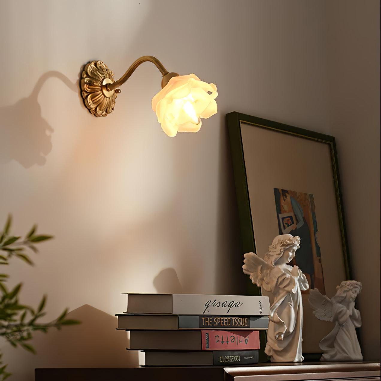 Antique Brass Rose Flower Wall Sconce Vintage Floral Glass Light for Bedroom and Hallway