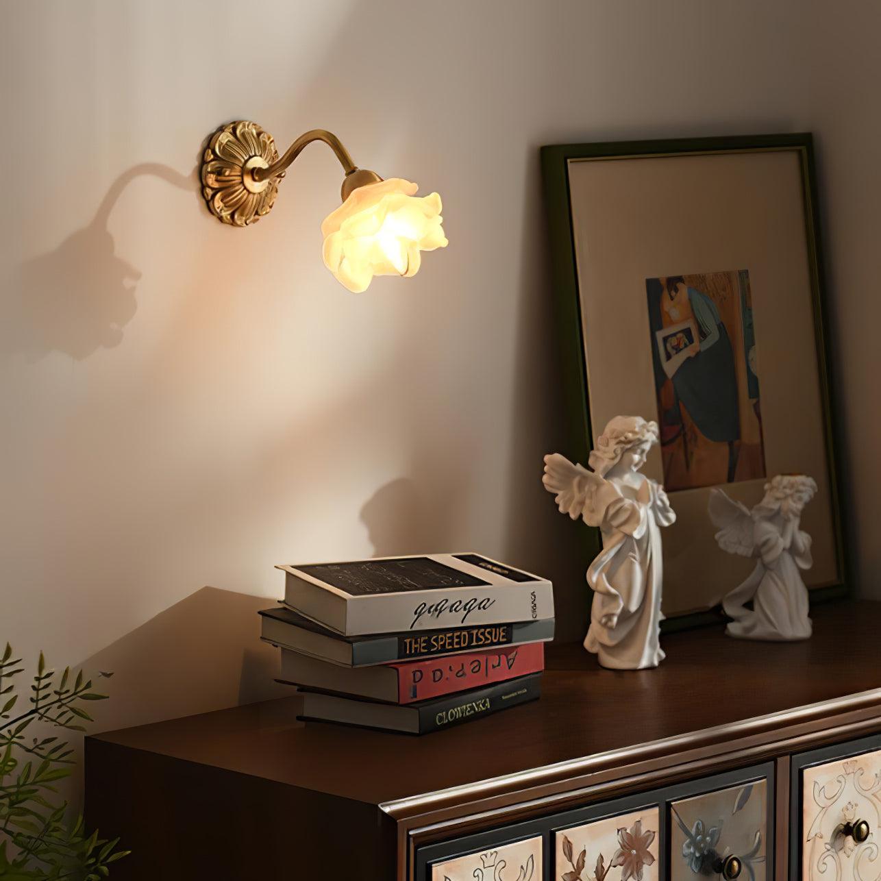 Antique Brass Rose Flower Wall Sconce Vintage Floral Glass Light for Bedroom and Hallway