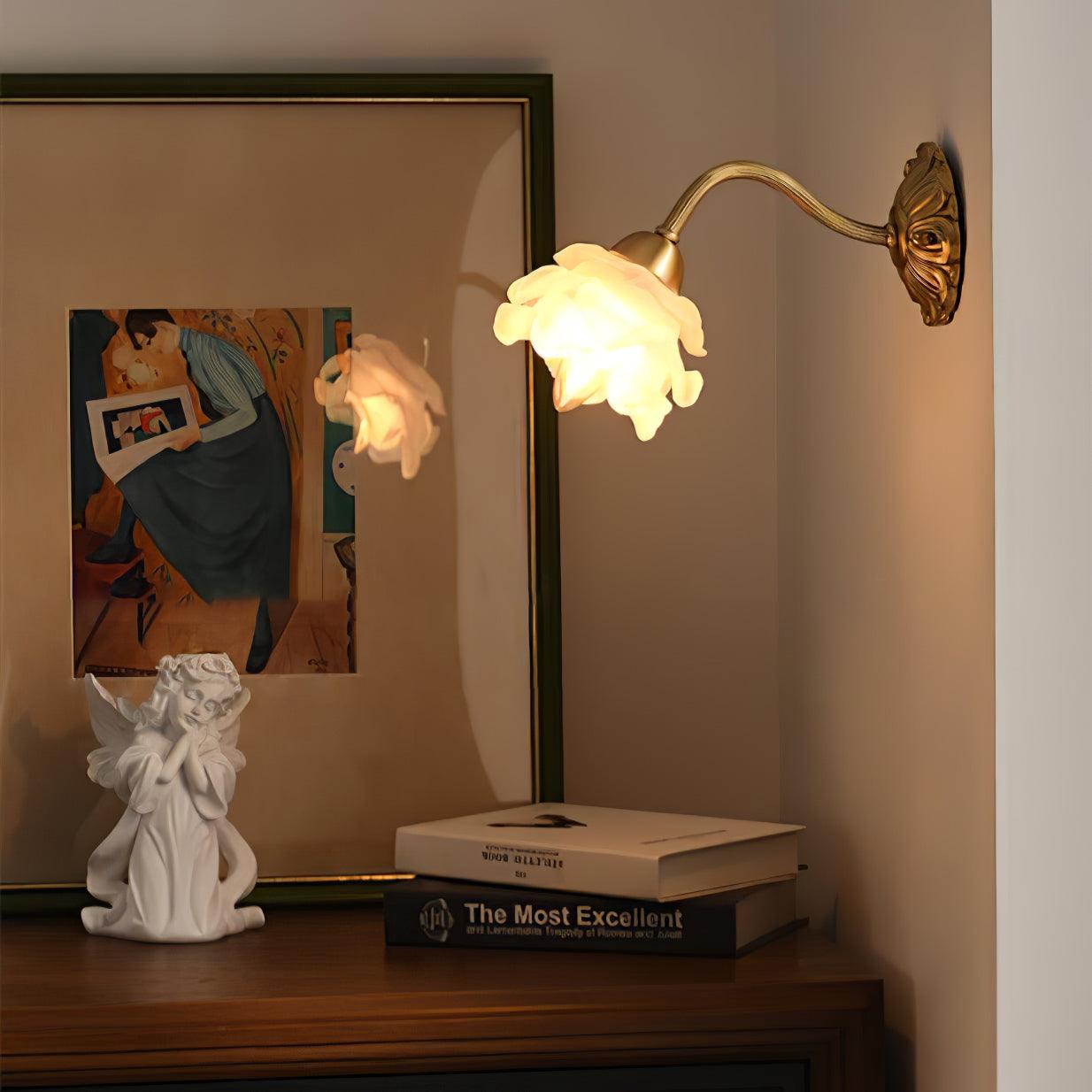 Antique Brass Rose Flower Wall Sconce Vintage Floral Glass Light for Bedroom and Hallway