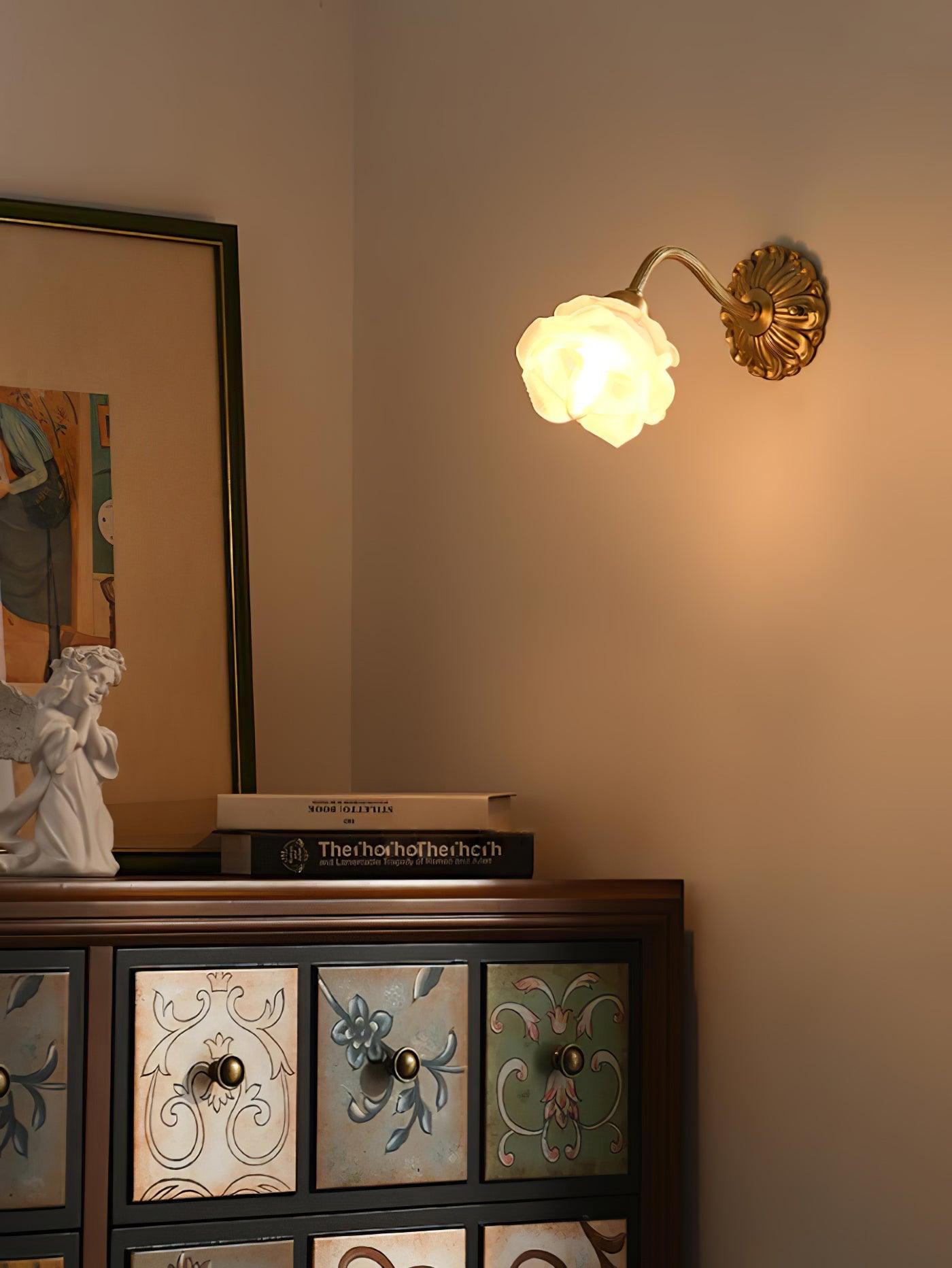 Antique Brass Rose Flower Wall Sconce Vintage Floral Glass Light for Bedroom and Hallway