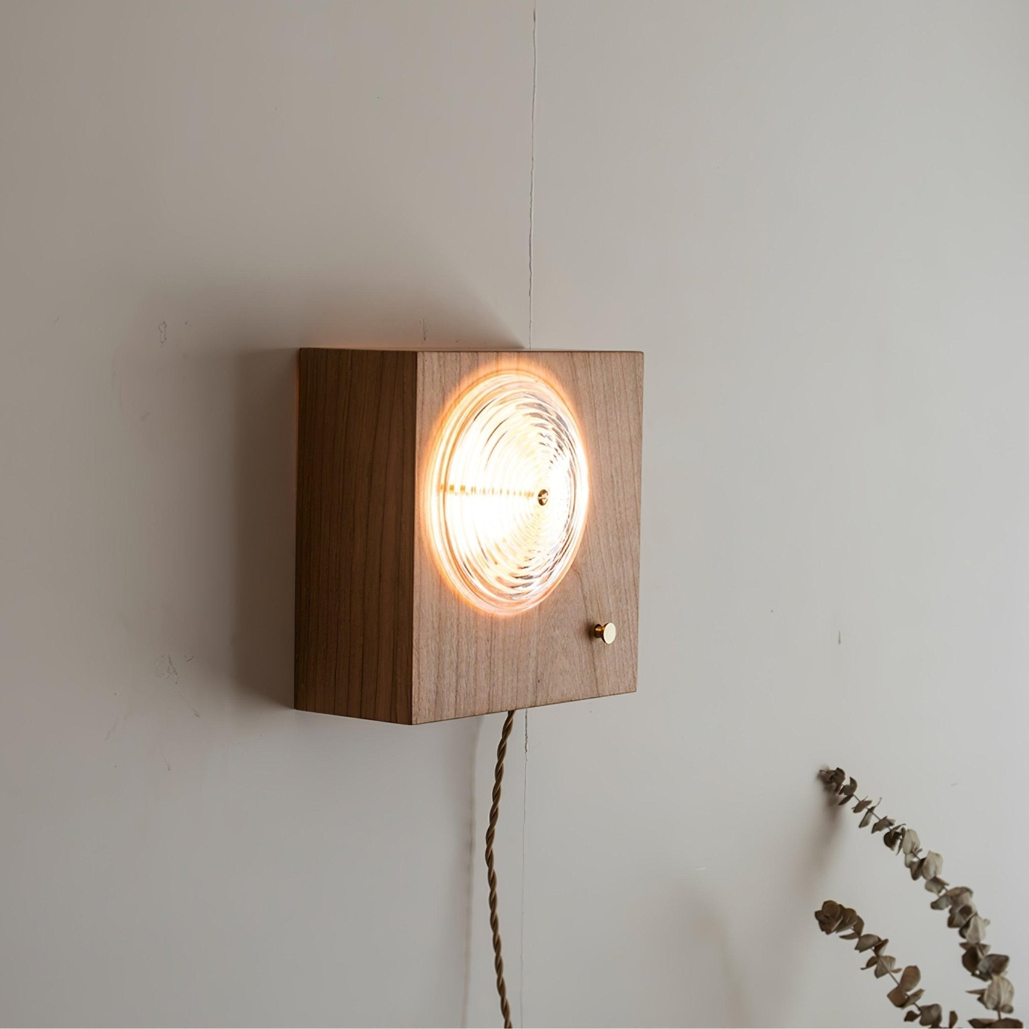 Antique Camera Inspired Wall Sconce with Cherry Wood Panel and Ribbed Glass Shade