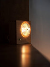 Antique Camera Inspired Wall Sconce with Cherry Wood Panel and Ribbed Glass Shade