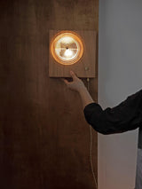 Antique Camera Inspired Wall Sconce with Cherry Wood Panel and Ribbed Glass Shade