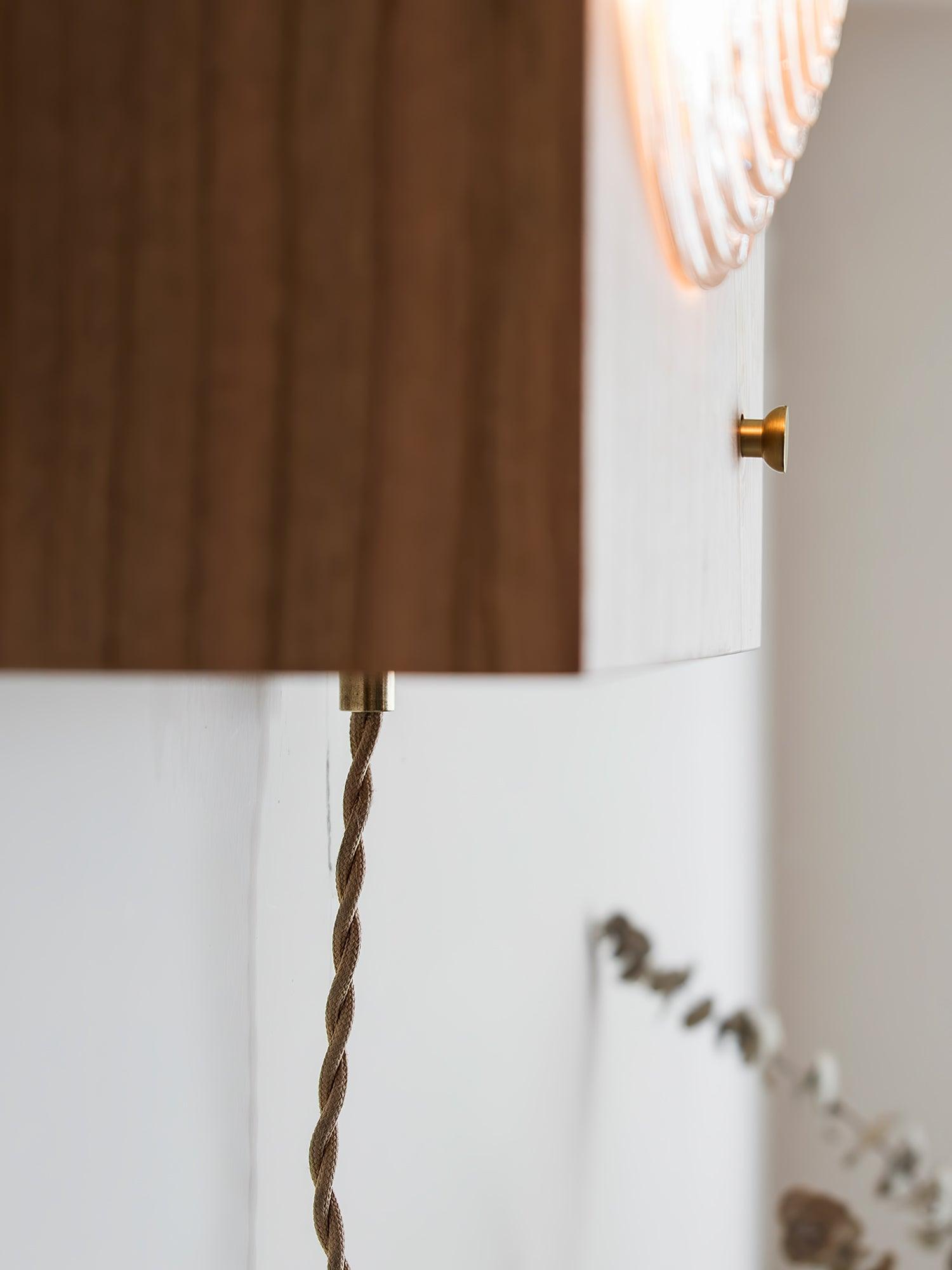 Antique Camera Inspired Wall Sconce with Cherry Wood Panel and Ribbed Glass Shade