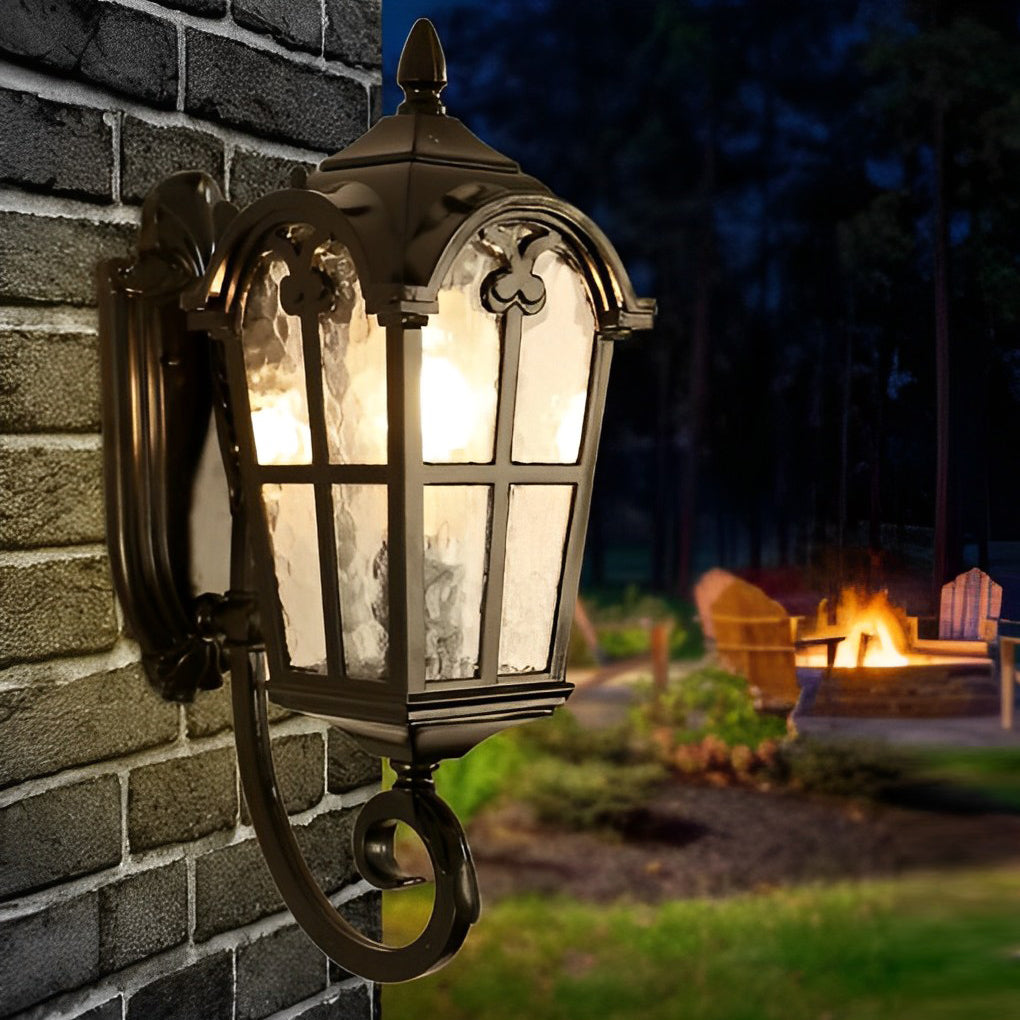 Antique European Style Waterproof Outdoor Wall Sconce Black Exterior Lantern with Tempered Glass