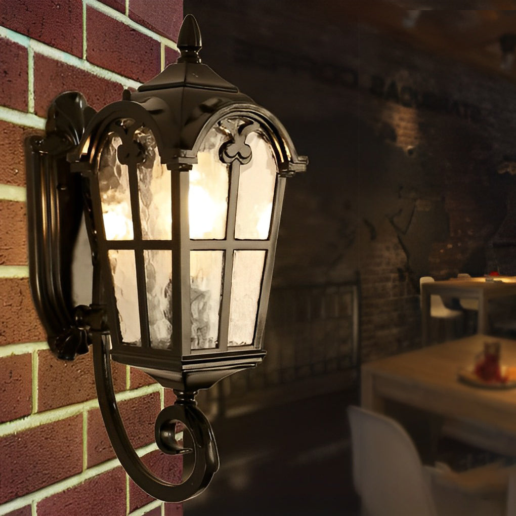 Antique European Style Waterproof Outdoor Wall Sconce Black Exterior Lantern with Tempered Glass