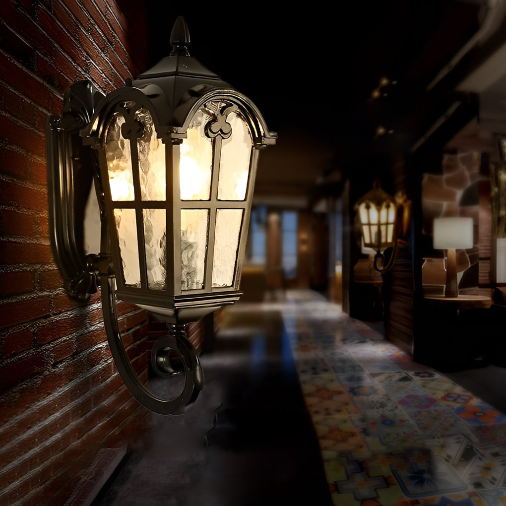 Antique European Style Waterproof Outdoor Wall Sconce Black Exterior Lantern with Tempered Glass