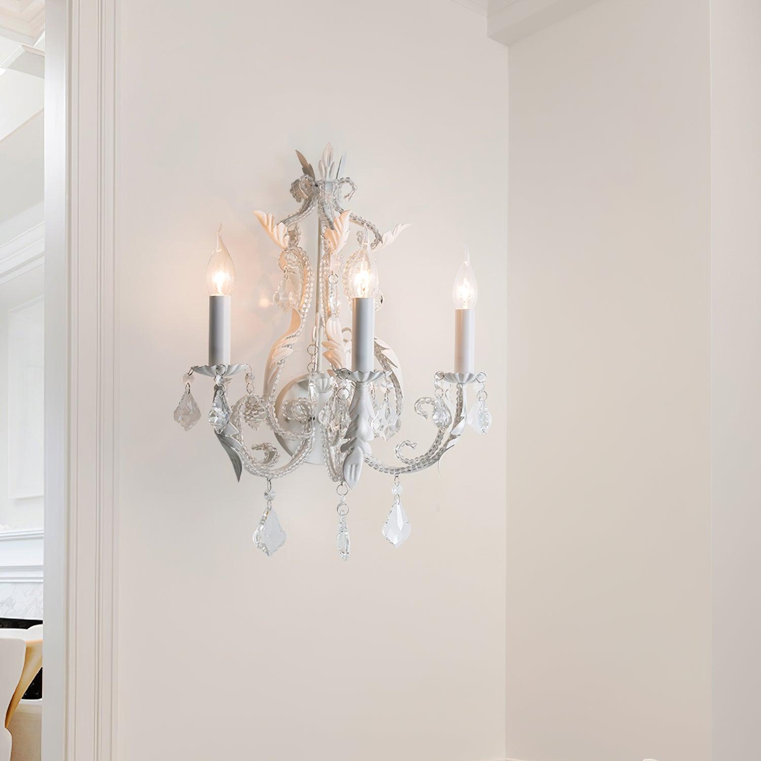 Antique White Floral Crystal Candle Wall Sconces Set of 2 Botanical Wall Lamps