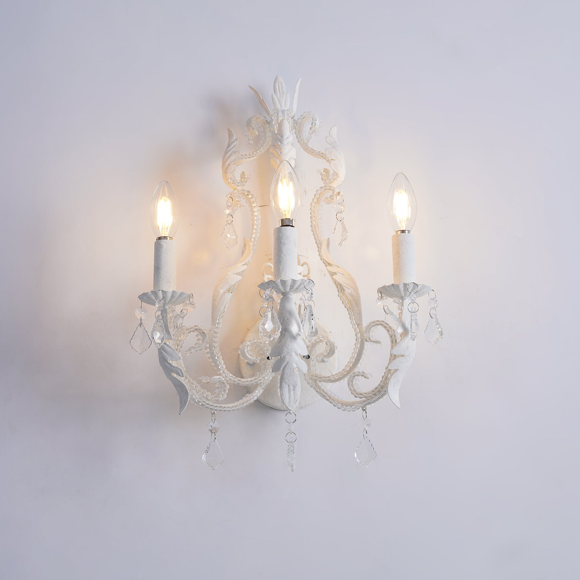 Antique White Floral Crystal Candle Wall Sconces Set of 2 Botanical Wall Lamps