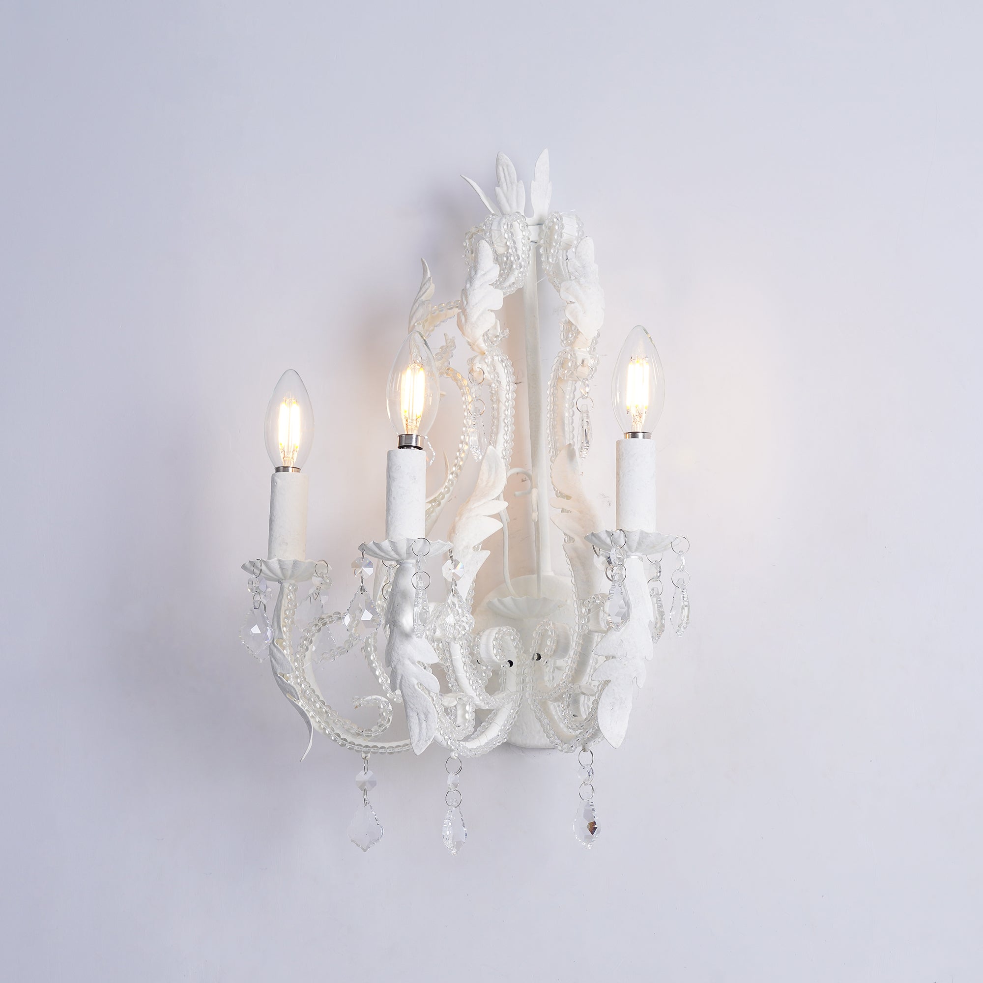 Antique White Floral Crystal Candle Wall Sconces Set of 2 Botanical Wall Lamps