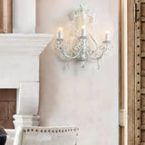 Antique White Floral Crystal Candle Wall Sconces Set of 2 Botanical Wall Lamps