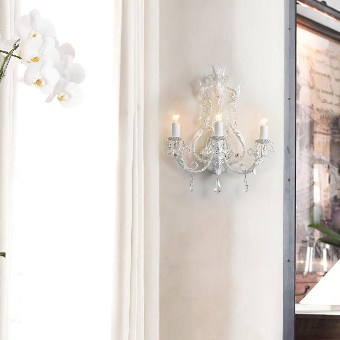 Antique White Floral Crystal Candle Wall Sconces Set of 2 Botanical Wall Lamps