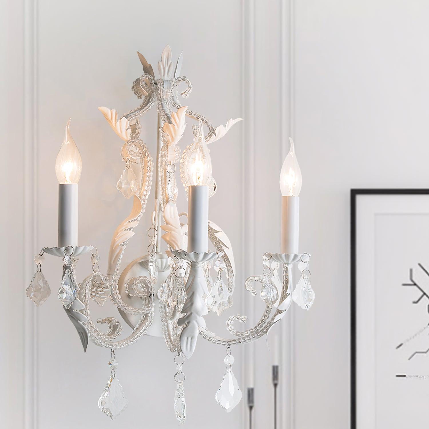 Antique White Floral Crystal Candle Wall Sconces Set of 2 Botanical Wall Lamps