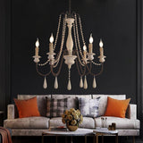 Antique White Wood Bead Chandelier 6 Light Rustic Farmhouse Candle Style Ceiling Pendant Light
