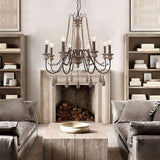Antique White Wood Bead Chandelier 6 Light Rustic Farmhouse Candle Style Ceiling Pendant Light