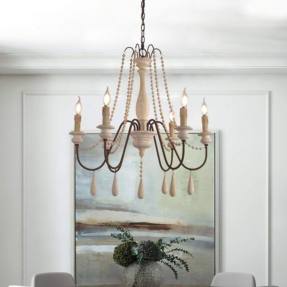 Antique White Wood Bead Chandelier 6 Light Rustic Farmhouse Candle Style Ceiling Pendant Light
