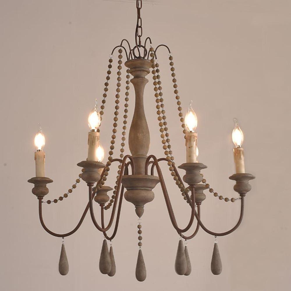 Antique White Wood Bead Chandelier 6 Light Rustic Farmhouse Candle Style Ceiling Pendant Light