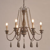 Antique White Wood Bead Chandelier 6 Light Rustic Farmhouse Candle Style Ceiling Pendant Light