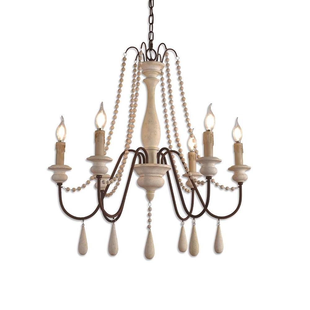 Antique White Wood Bead Chandelier 6 Light Rustic Farmhouse Candle Style Ceiling Pendant Light