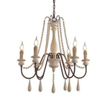 Antique White Wood Bead Chandelier 6 Light Rustic Farmhouse Candle Style Ceiling Pendant Light